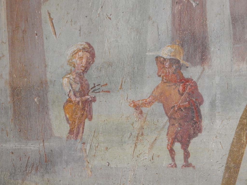 IX.5.9 Pompeii. June 2019. Room 8, detail of painted figures on north wall. Photo courtesy of Buzz Ferebee.