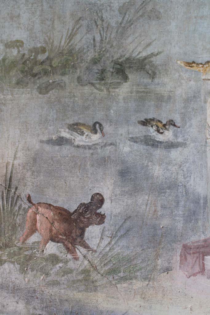 IX.5.9 Pompeii. May 2019. Room l (L), detail of hippopotamus and ducks in river on north wall.  
Foto Christian Beck, ERC Grant 681269 DCOR.

