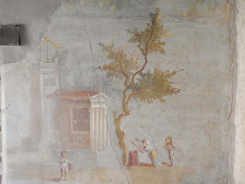 IX.5.9 Pompeii. June 2019. Room 8, detail from south wall painting of pygmies, tower and temple.
Photo courtesy of Buzz Ferebee.
