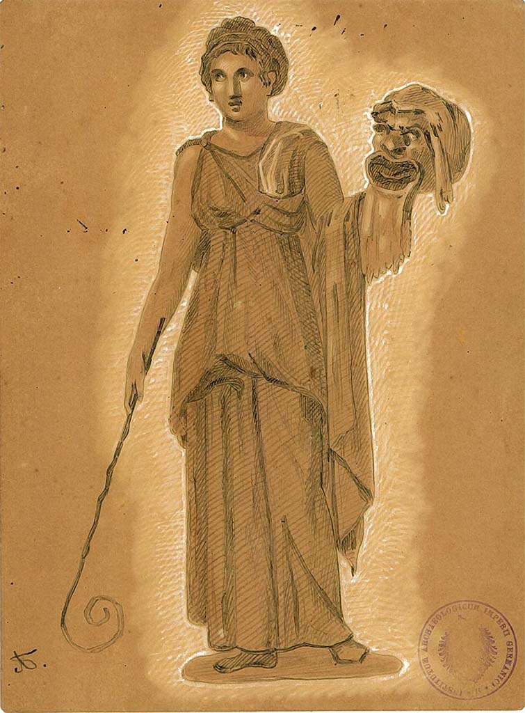 IX.5.11 Pompeii. Room 6, oecus, east wall.
Undated drawing (between 1877-1888) by A. Sikkard of Muse Thalia with comic mask and shepherds’ crook.
DAIR 83.247. Photo © Deutsches Archäologisches Institut, Abteilung Rom, Arkiv.

