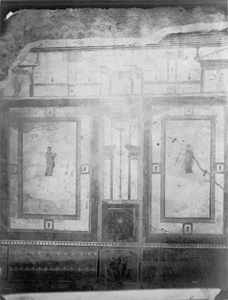 IX.5.11 Pompeii. Old photo c.1880. Room 6, oecus, south wall. 
The muses Urania with globe and compass and Euterpe holding two auloi.
Vergessenes Pompeji. Bern: Francke. (Fig.132.2 [f]: Sudwand)
