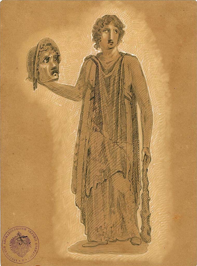 IX.5.11 Pompeii. Room 6, oecus, west wall.
Undated drawing (between 1877-1888) by A. Sikkard of Muse Melpomene with tragic mask and club.
DAIR 83.250. Photo © Deutsches Archäologisches Institut, Abteilung Rom, Arkiv.
