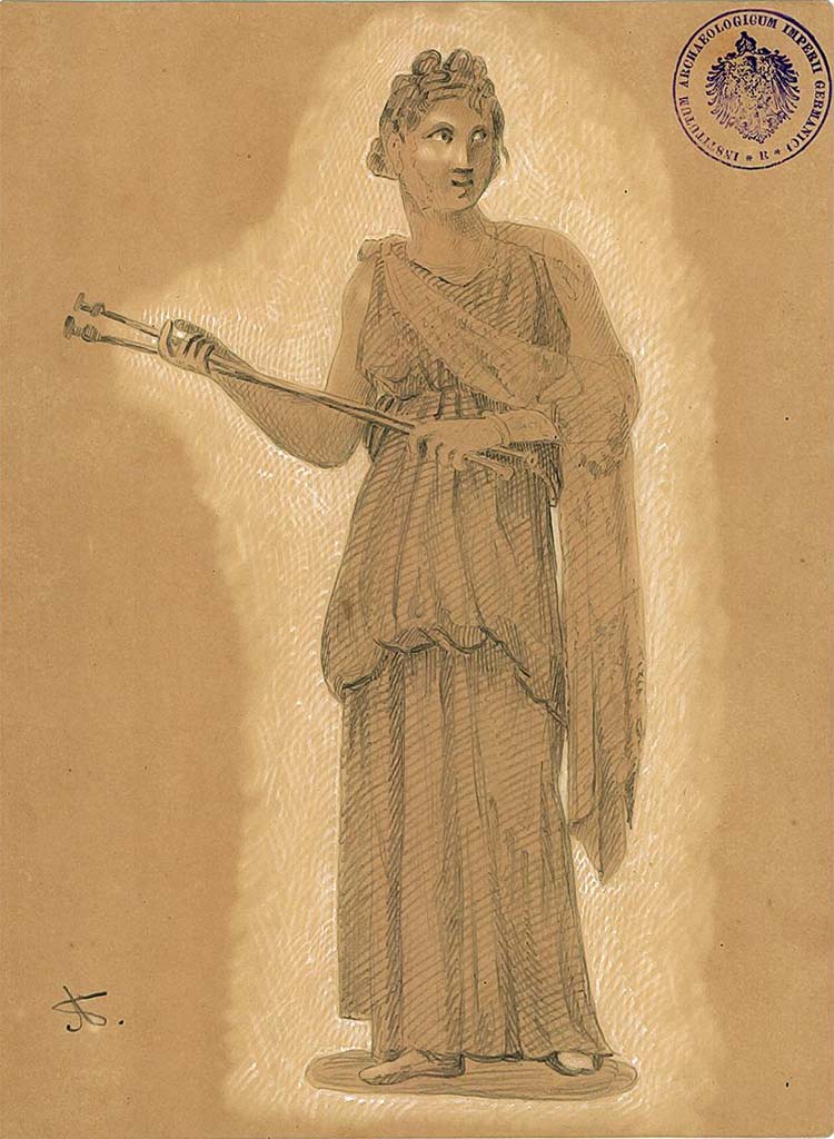 IX.5.11 Pompeii. Room 6, oecus, west wall. 
Undated drawing (between 1877-1888) by A. Sikkard of Muse Calliope holding a flute.
DAIR 83.252. Photo © Deutsches Archäologisches Institut, Abteilung Rom, Arkiv.
