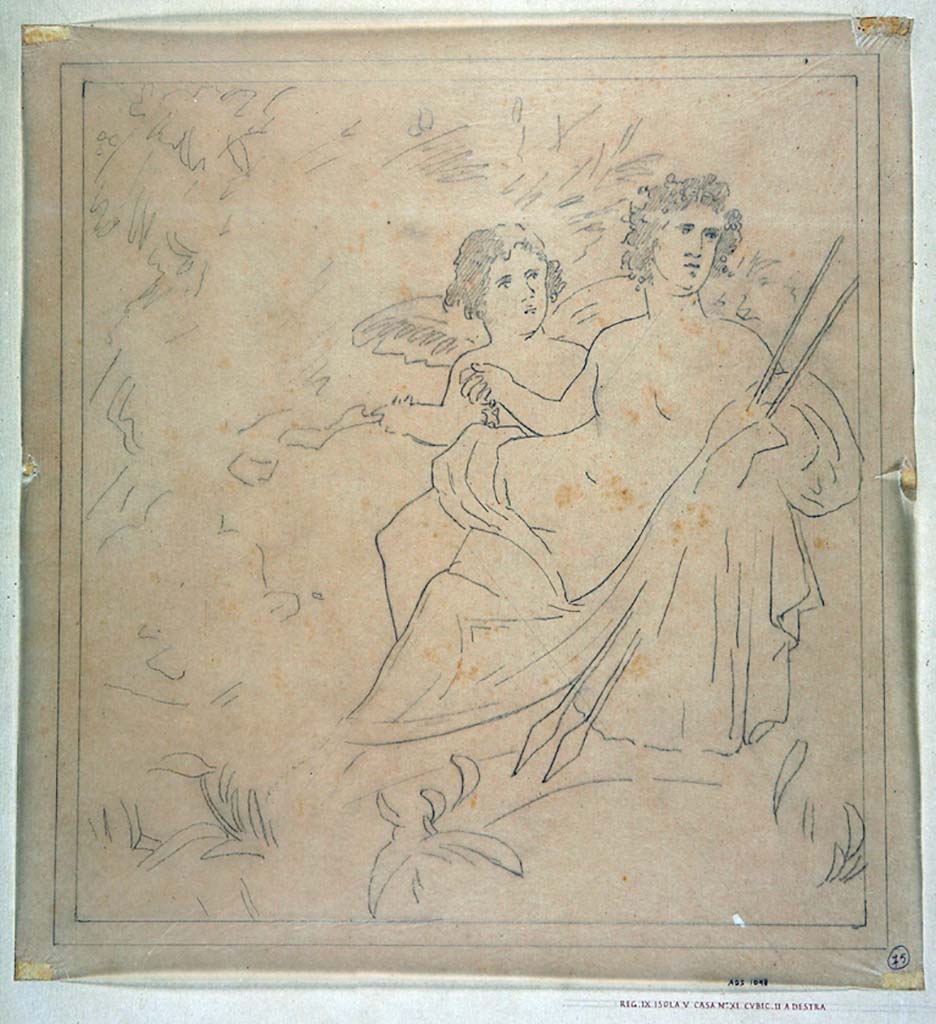 IX.5.11 Pompeii. Room 7, west wall of cubiculum. Drawing by Geremia Discanno, of painting of Adonis or Narcissus with cupid, now completely faded and disappeared.
Now in Naples Archaeological Museum. Inventory number ADS 1098.
Photo © ICCD. http://www.catalogo.beniculturali.it
Utilizzabili alle condizioni della licenza Attribuzione - Non commerciale - Condividi allo stesso modo 2.5 Italia (CC BY-NC-SA 2.5 IT)
