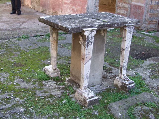 IX.5.11 Pompeii. December 2007. Room 1, marble table or cartibulum behind impluvium in atrium.
