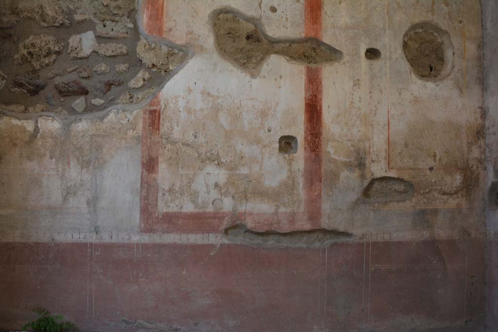 IX.5.11 Pompeii. May 2017. Room g, middle zone and zoccolo on north wall.
Foto Christian Beck, ERC Grant 681269 DÉCOR.
According to PPM –
The north wall was decorated in the IV Style: the panels of the red zoccolo were separated by narrow compartment with painted plants: in the white panels of the middle zone were vignettes with cupids: the upper zone of the wall was white with a stucco cornice.
See Carratelli, G. P., 1990-2003. Pompei: Pitture e Mosaici. IX. (9). Roma: Istituto della enciclopedia italiana, (p.556).
