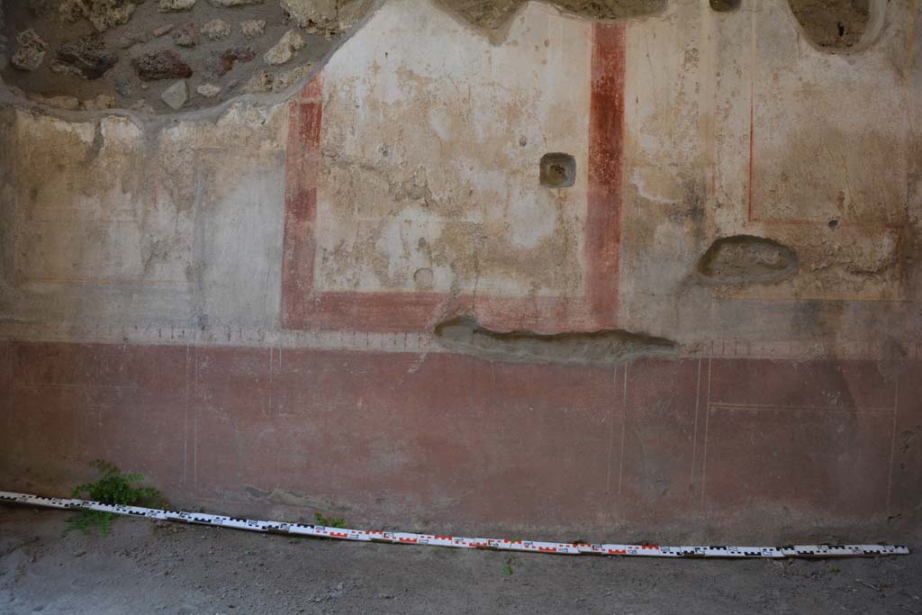 IX.5.11 Pompeii. May 2017. Room g, lower north wall.
Foto Christian Beck, ERC Grant 681269 DÉCOR.
According to PPM –
Narrow compartments with painted plants in the red zoccolo, surmounted by a white toothed frieze. (p.557).
