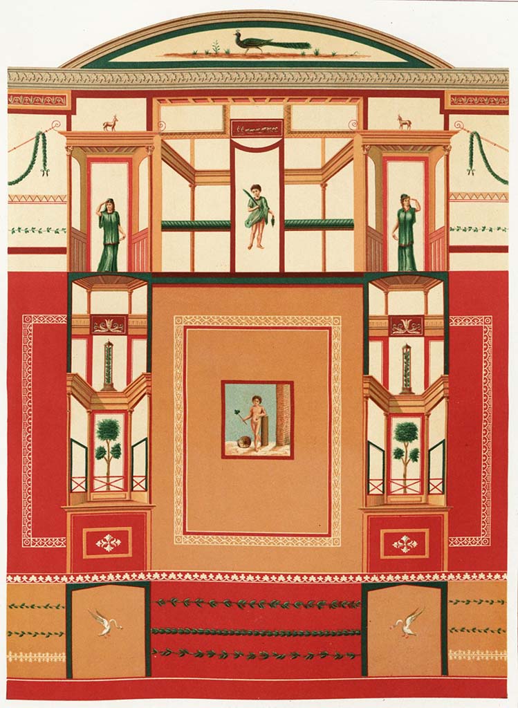 IX.5.11 Pompeii. 1890. Room i, north wall of triclinium.
See Niccolini F, 1890. Le case ed i monumenti di Pompei: Volume Terzo. Napoli, p. 27, L’Arte in Pompei, Tav. XLIII.
