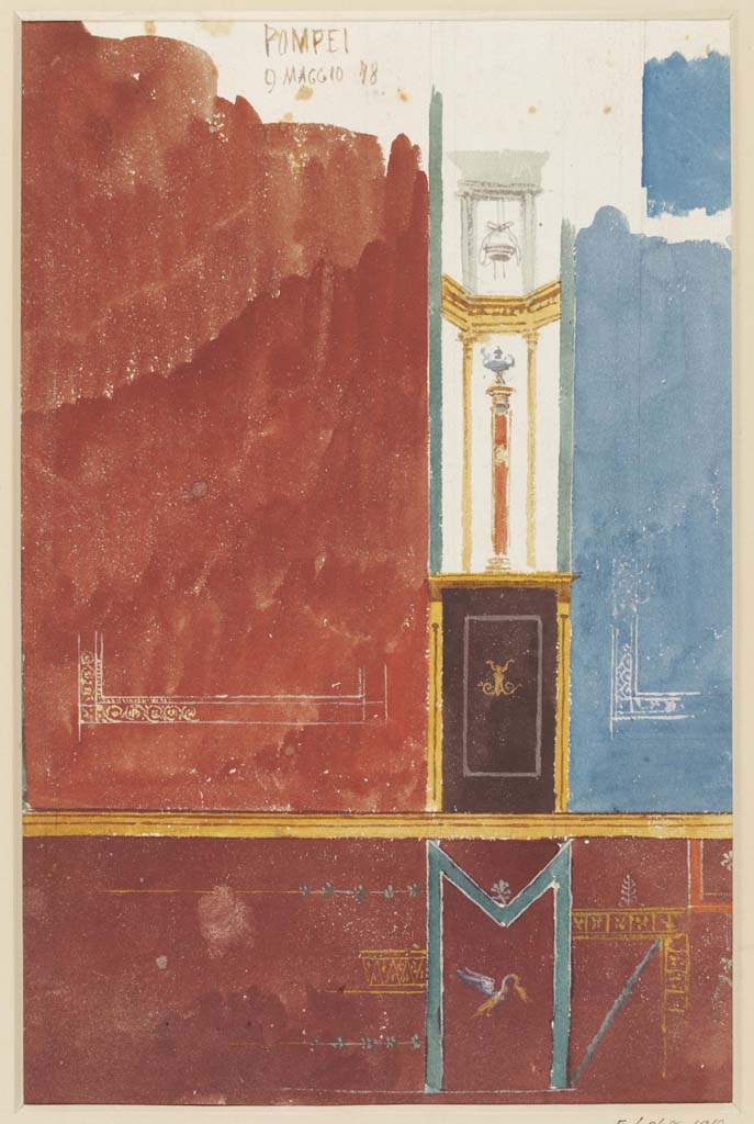 IX.5.11 Pompeii. 9th May 1878. Room 5, east wall of tablinum, with red side panel and unusual blue central panel.
Watercolour by Luigi Bazzani.
Described as “preliminary study of painted wall-decoration in a house in the Vicolo del Gallo at Pompeii”, whereas this would be on the south side of the Via Nola.
Photo © Victoria and Albert Museum. Inventory number 6268-1910.

