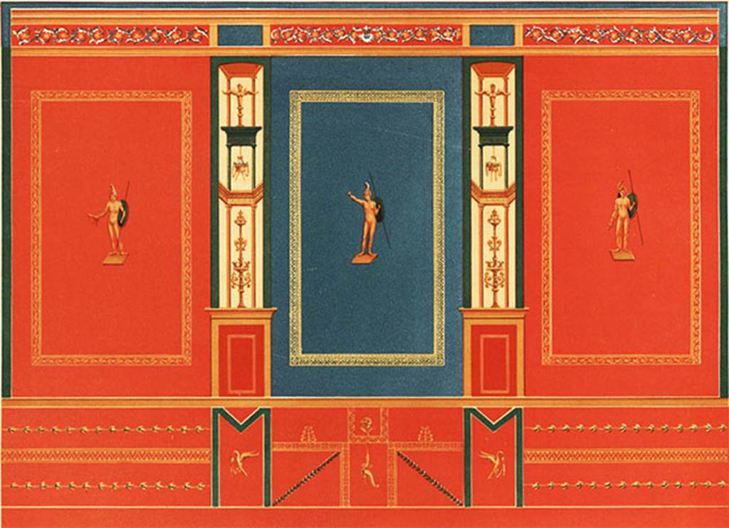 IX.5.11 Pompeii. 1890. Room 5, reconstruction painting of east wall of tablinum.
See Niccolini F, 1890. Le case ed i monumenti di Pompei: Volume Terzo. Napoli, p. 27, tav. XLIV.
