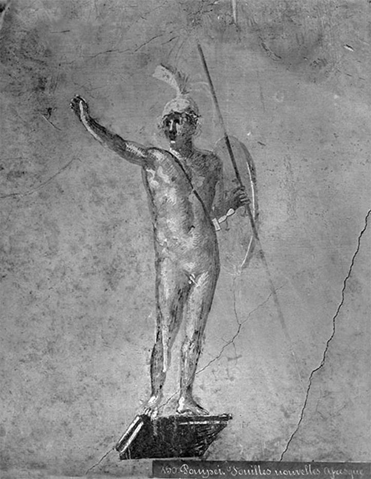 IX.5.11 Pompeii. 1880. Room 5, east wall of tablinum, armed figure from central panel.
