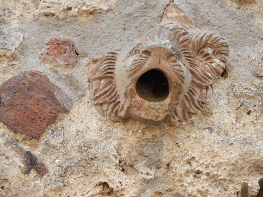 IX.5.13 Pompeii. June 2019. Detail of face in stonework, high up on front wall. Photo courtesy of Buzz Ferebee.