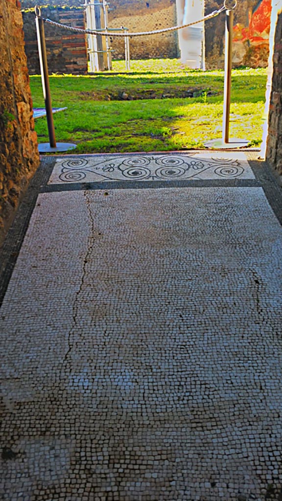 IX.5.14 Pompeii. May 2005. Looking west from entrance corridor “a”, across atrium “b”.
The floor of the atrium was of opus Signinum decorated with rows of small stars, each formed by four white stones and one black.
The impluvium was found in ruins, with only a few remains of its white marble covering remaining in the south-east corner.
See Bullettino dell’Instituto di Corrispondenza Archeologica (DAIR), 1879, (p.207).
