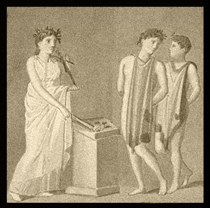 IX.5.14 Pompeii. Room “e”, centre of west wall of ala. Copy of painting of Iphigenia, Orestes and Pylades.