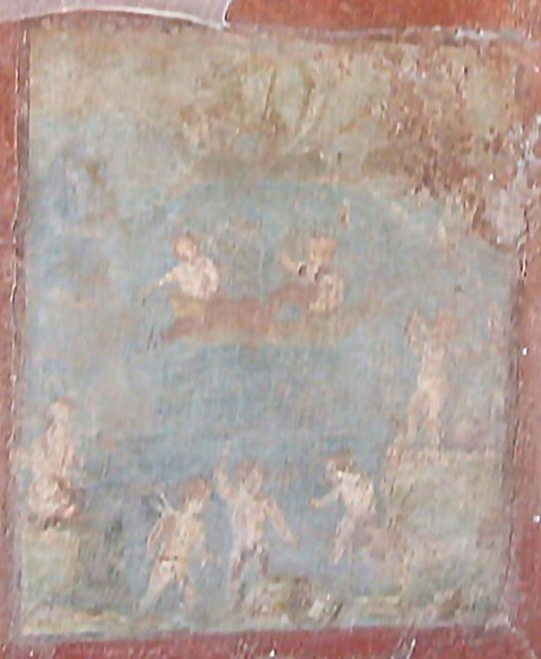 IX.5.14 Pompeii. May 2005. Room “c”, north wall of cubiculum on north side of entrance corridor.
Wall painting of Venus with fishing cupids.
