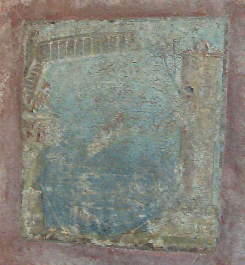 IX.5.14 Pompeii. May 2005. Room “c”, south wall of cubiculum on north side of entrance corridor. Fresco of Hero and Leander.
