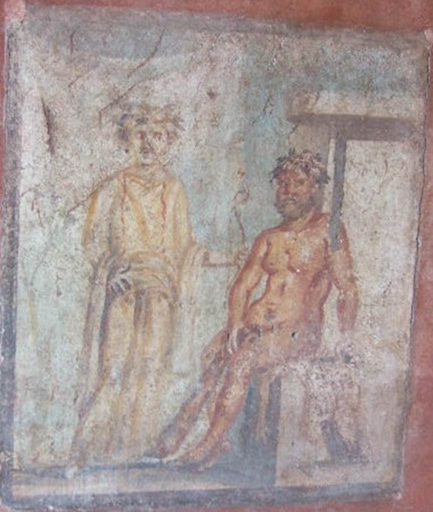 IX.5.14 Pompeii. May 2005. Cubiculum “g”, on south side of entrance doorway.
Wall painting of Hercules and Omphale, found on north wall.
See Bragantini, de Vos, Badoni, 1986. Pitture e Pavimenti di Pompei, Parte 3. Rome: ICCD. (p.483)

