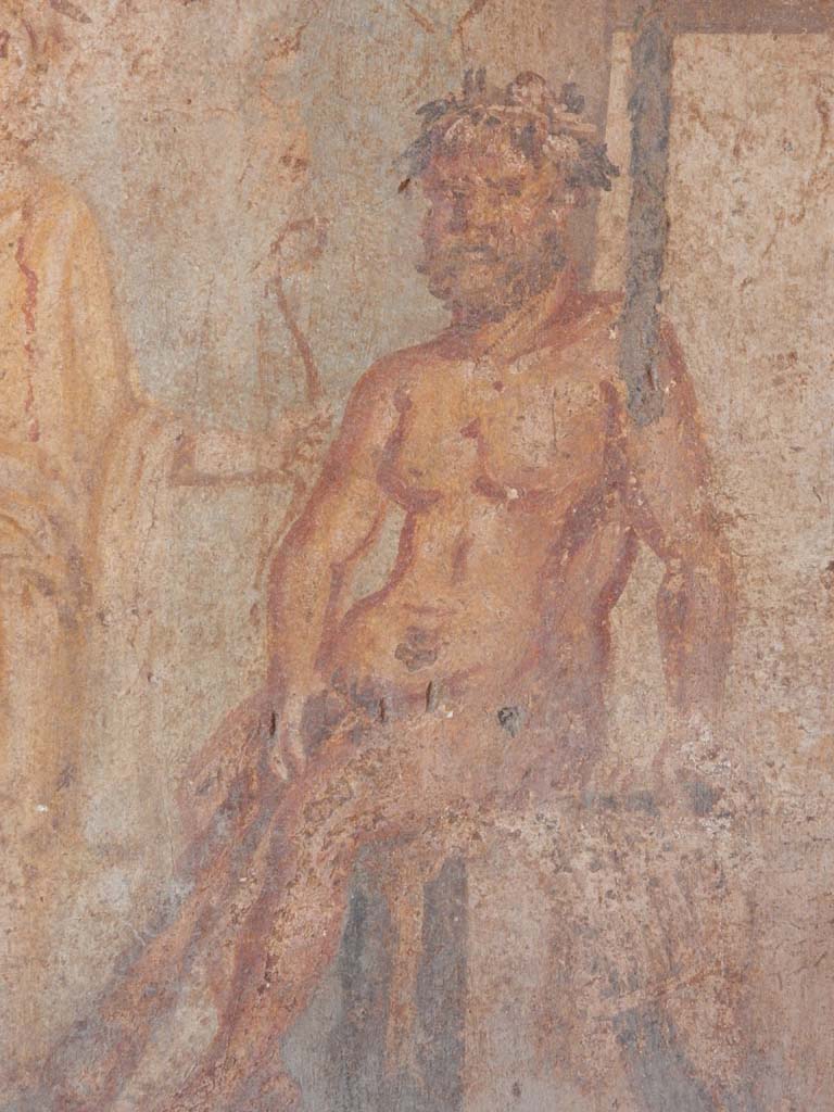 IX.5.14 Pompeii. June 2019. Cubiculum “g”, on south side of entrance doorway.
Detail of Hercules, from wall painting of Hercules and Omphale, 
found in centre of north wall. Photo courtesy of Buzz Ferebee.
