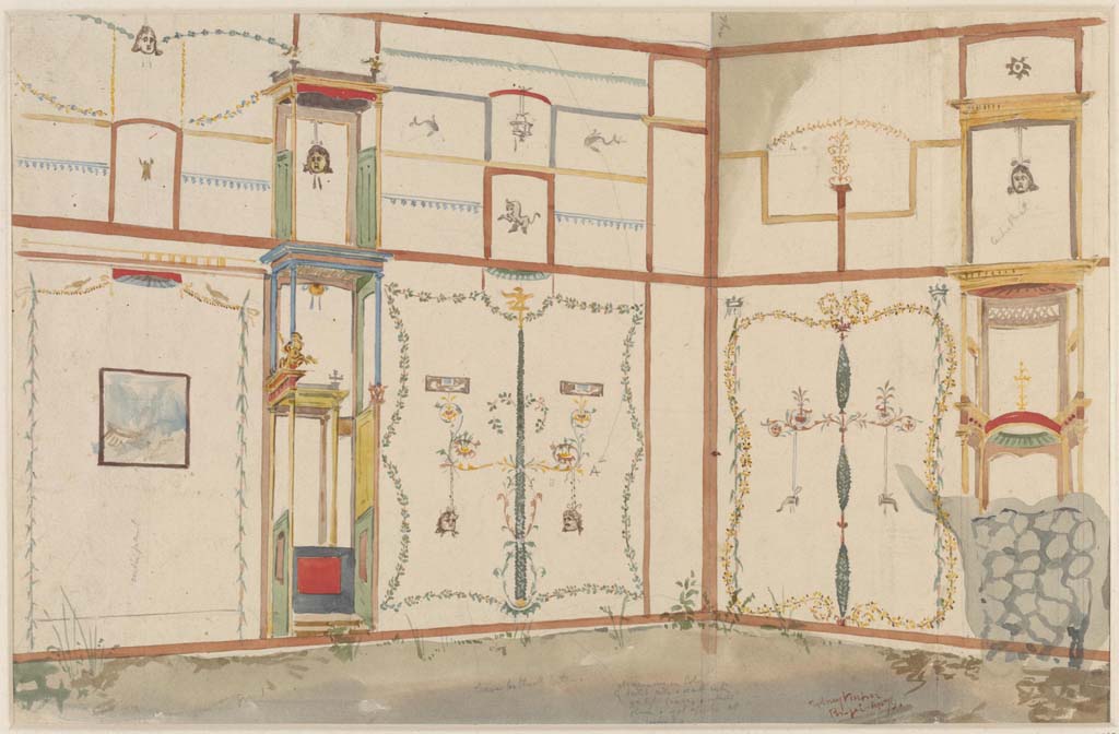 IX.5.16 Pompeii. April 1879. Painting by Sydney Vacher showing painted walls in Triclinium d’, completely faded now.  
Photo © Victoria and Albert Museum, inventory number E.4407-1910. 
(Note: We think this is a painting of part of the west and north wall of triclinium d’, which corresponds with the painting of the detail (below) of the wall decoration, which Vacher described as from “Grand Hotel, Pompeii”.)
Schefold describes: Triclinium l. of which: In the landscapes in the middle of the fields; one with a harbour, another with a sacred tree, weapons, armed Herm (Isis as goddess of war) Sogliano 763; furthermore still life with fruits, slaughtered birds. The Vespasian decoration faded except for the mask in the middle of the upper wall. N-wall divided into two parts.
See Schefold, K., 1957. Die Wände Pompejis. Berlin: De Gruyter, p. 261-2. 
See Sogliano, A., 1879. Le pitture murali campane scoverte negli anni 1867-79. Napoli: Giannini, p. 152 no. 763. 
In PPM, there is a photo of the west end of the North Wall, which would appear to show the part of the painted candelabra, a hanging horn, and part of the damaged plaster-work (matching the painting above).
They say "We are still miraculously able to see the candlesticks with scrolls, from which hang drinking horns".  
See Carratelli, G. P., 1990-2003. Pompei: Pitture e Mosaici, Vol. IX. Roma: Istituto della enciclopedia italiana, p. 657, no.94.
