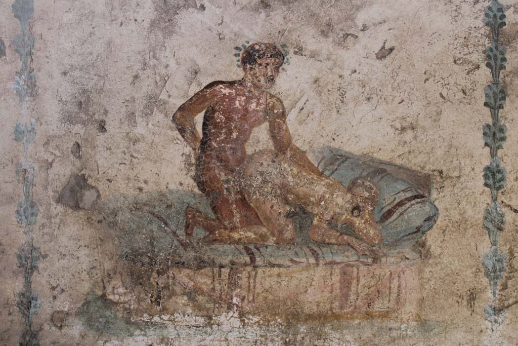 IX.5.16 Pompeii. May 2019. Room f’, detail of erotic painting at west end of north wall.
Foto Christian Beck, ERC Grant 681269 DÉCOR.
