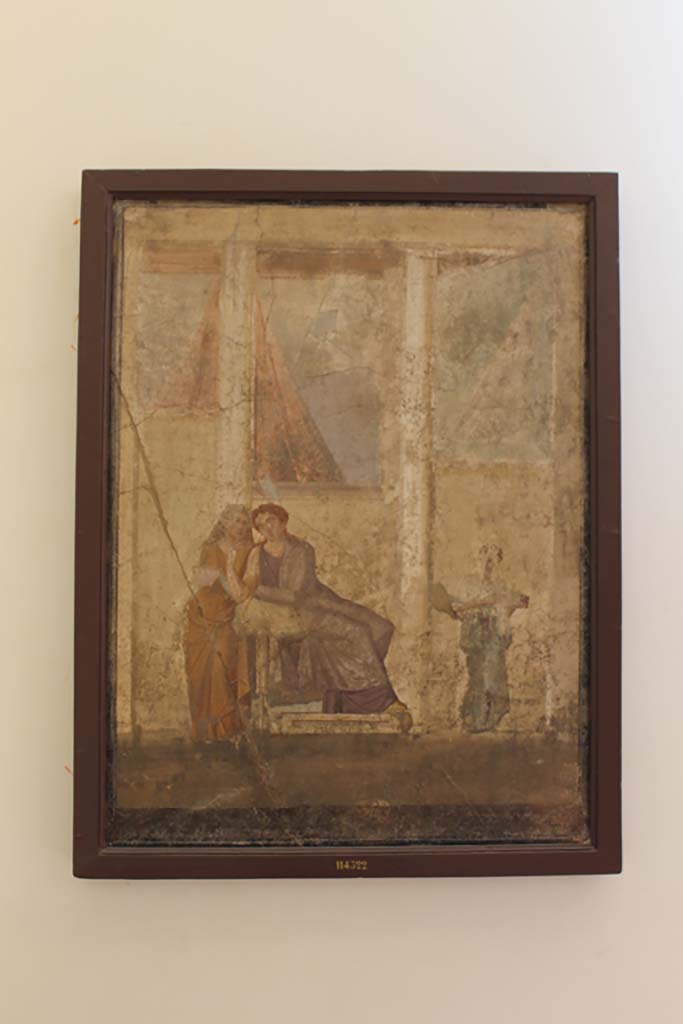 IX.5.18 Pompeii. July 2017. 
Room “e”, south wall of cubiculum, second room in south-west corner. 
Wall painting of Phaedra handing the nurse the letter that will lead to the death of her stepson Hippolytus.
Now in Naples Archaeological Museum. Inventory number 114322.
Foto Annette Haug, ERC Grant 681269 DÉCOR.
