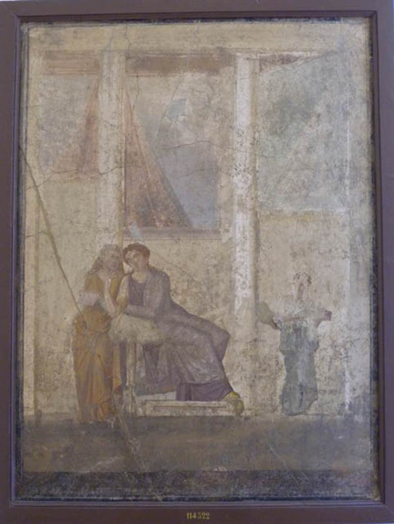 IX.5.18 Pompeii. May 2005. Room e, south wall of cubiculum, second room in south-west corner. Wall painting of Phaedra handing the nurse the letter that will lead to the death of her stepson Hippolytus. Now in Naples Archaeological Museum. Inventory number: 114322.