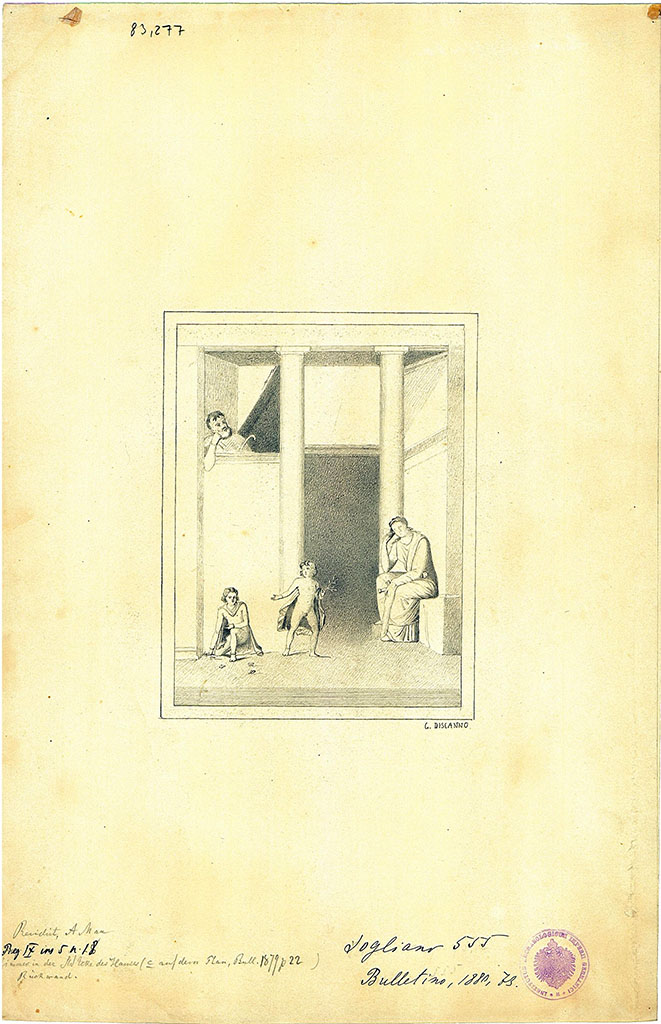 IX.5.18 Pompeii. Room “e”, west wall of cubiculum, second room in south-west corner. 
Drawing by G. Discanno of wall painting of Medea sitting contemplating killing her children who play nearby.
DAIR 83.277. Photo © Deutsches Archäologisches Institut, Abteilung Rom, Arkiv.
