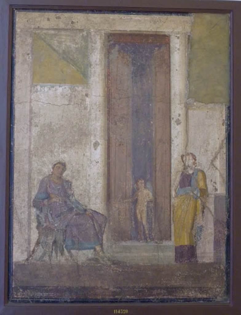 IX.5.18 Pompeii. May 2005. Room “e”, north wall of cubiculum, second room in south-west corner. 
Wall painting of seated Paris waiting for the prize promised by Aphrodite. 
Now in Naples Archaeological Museum. Inventory number 114320.
