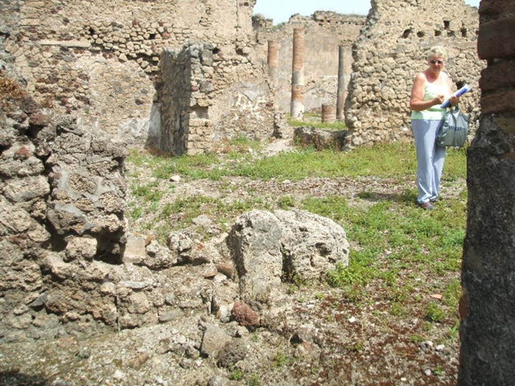 IX.6.3 Pompeii. May 2005. Looking south along small garden area to large triclinium, on south side. According to Jashemski, this small open area at the rear of this small house was visible from the entrance through a window at the rear of the atrium (on right of photo between the doorways). Attached to the wall on the east side were 3 steps which in the middle had a small basin the height of the lowest 2 steps.  The passageways around the open area were roofed by the overhang of the adjacent rooms. See Jashemski, W. F., 1993. The Gardens of Pompeii, Volume II: Appendices. New York: Caratzas. (p.238)
