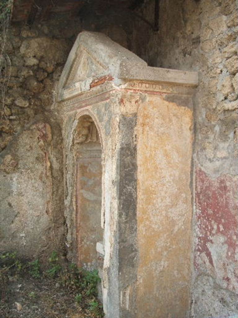 IX.6.8 Pompeii. May 2005. Painted stucco on north side of aedicula lararium.  
