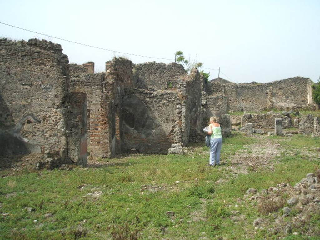 IX.6.g Pompeii. May 2005. West side of IX.6.g. Looking west towards rooms “L” “m” and “n” and site of staircase (and area looking west towards remains of IX.6.4. The south wall of garden area of IX.6.4, approximately where the figure is standing. The entrance to the triclinium, room “k” is on the left, and behind the high walls to the left of centre, would be the north-east corner of IX.6.3


