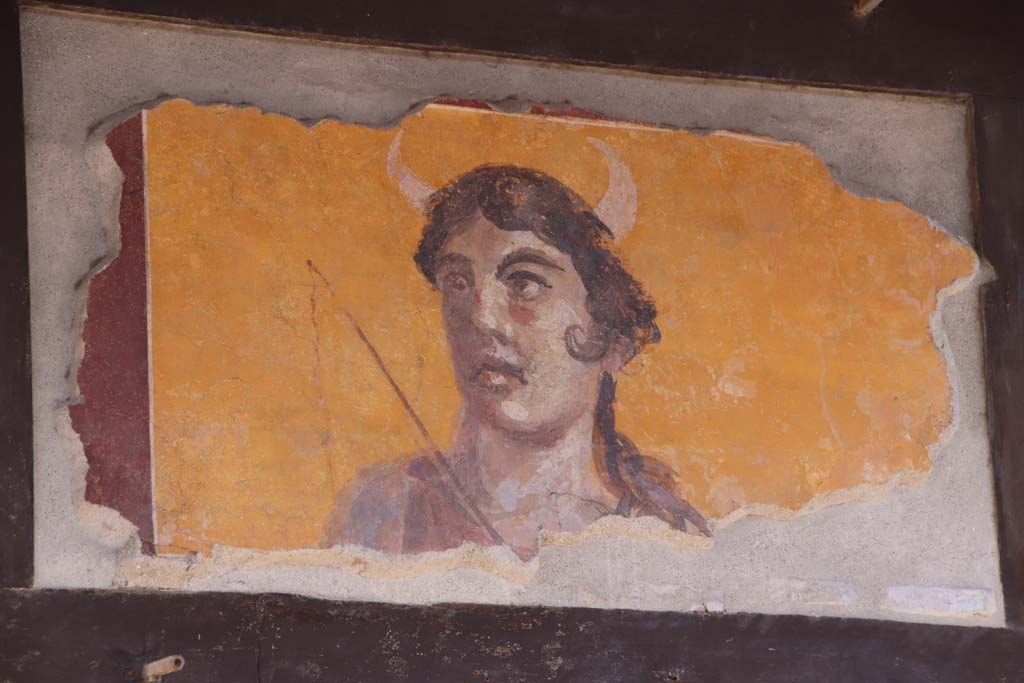 IX.7.1 Pompeii. May 2006.  Painting of Mercury with a red Petasos and the Caduceus on his left shoulder.  See Fröhlich, T., 1991, Lararien und Fassadenbilder in den Vesuvstädten.  Mainz: von Zabern.  (F63:  p.332).