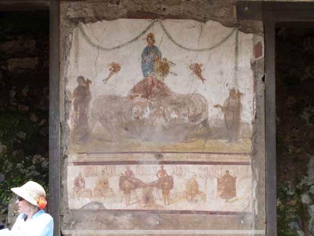 IX.7.6 Pompeii. May 2010. Fresco of Venus being pulled by elephants, outside House of Verecundus, between doorways IX.7.7 and IX.7.6. 
According to Della Corte, on the upper edge of the painting that presents the activity of the workshop, one reads the recommendation:   
Quactiliari (sic) rog(ant)  [CIL IV 7838] And beneath in very small black letters, the name:  Verecundus (7839). Near the lower edge of the painting, twice more - Verecundus (9084):  Verec(undus) (9085)
See Della Corte, M., 1965.  Case ed Abitanti di Pompei. Napoli: Fausto Fiorentino. (p.279)
According to Epigraphik-Datenbank Clauss/Slaby (See www.manfredclauss.de), CIL IV 7838 reads as –
Vettium Firmum aed(ilem) <co=QV>actiliari(i) rog(ant)


