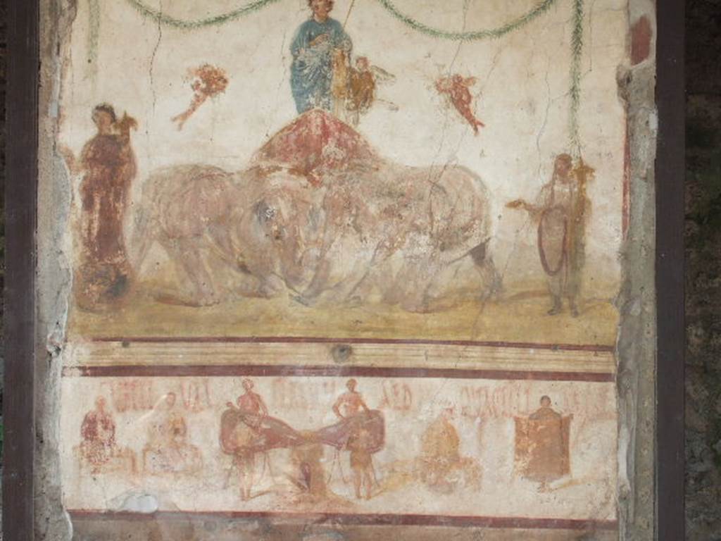 IX.7.6 Pompeii. May 2006. Fresco of Venus being pulled by elephants, 
outside House of Verecundus
