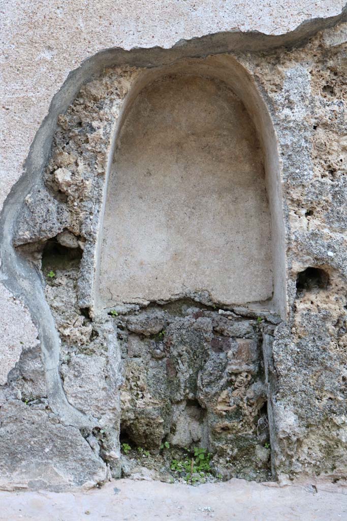 Vicolo di Tesmo, east side, Pompeii. December 2018.
Lower niche at pavement level, behind plaster on exterior wall of IX.7.20. Photo courtesy of Aude Durand.

