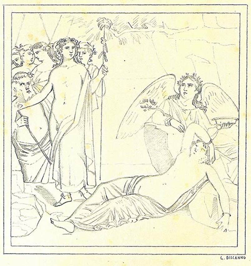 IX.7.20 Pompeii. 19th century drawing by Discanno of wall painting from south wall of room (i).
Painting showing Dionysus discovering Ariadne.
DAIR 83.310. Photo © Deutsches Archäologisches Institut, Abteilung Rom, Arkiv. 
Kuivalainen describes –
“A composition of at least nine figures……………………..”
Kuivalainen comments –
“Another type of composition, divided into two halves by Bacchus’ upright thyrsus. The one on the right is filled with Ariadne and Hypnus, who is looking worried at the crowd of the entering thiasus on the left half.”
See Kuivalainen, I., 2021. The Portrayal of Pompeian Bacchus. Commentationes Humanarum Litterarum 140. Helsinki: Finnish Society of Sciences and Letters, (p.153, E16).

