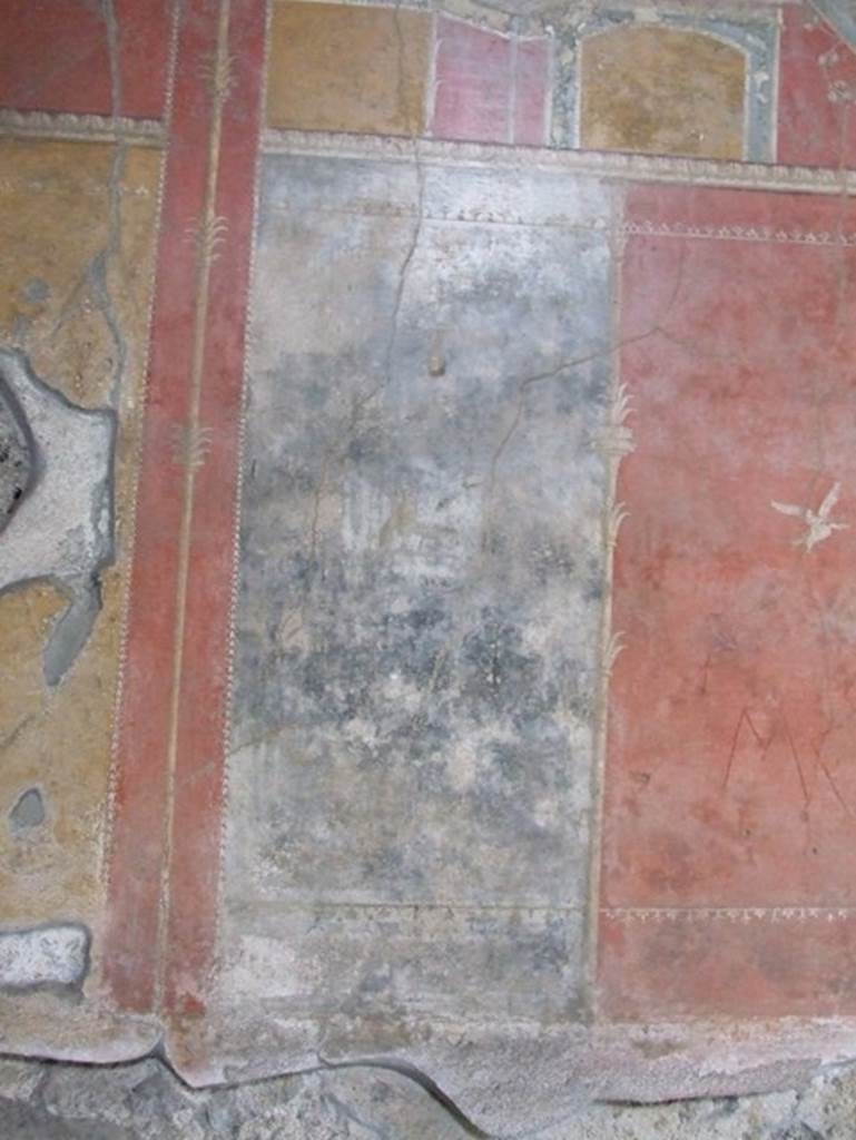 IX.7.20 Pompeii. December 2007. Room (i), west wall, panels to south of central painting.
On the red panel is a painted white swan.
