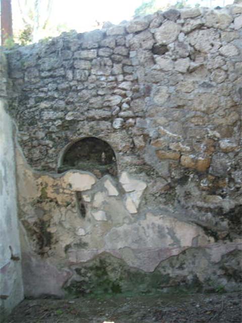IX.7.20 Pompeii. May 2005. Niche in kitchen, room (p).
According to Boyce, in the west wall of the kitchen, in the south-west corner of the house, was once a niche.
This niche was coated with white stucco, but was subsequently bricked-up.
See Boyce G. K., 1937. Corpus of the Lararia of Pompeii. Rome: MAAR 14. (p.88, no.440) 
See Giacobello, F., 2008. Larari Pompeiani: Iconografia e culto dei Lari in ambito domestico.  Milano: LED Edizioni. (p.210)
