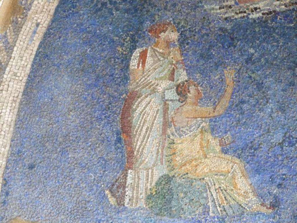 IX.7.20 Pompeii. December 2007. Mosaic fountain. Detail from arched top. Two female figures, one seated on rock with second standing behind.
