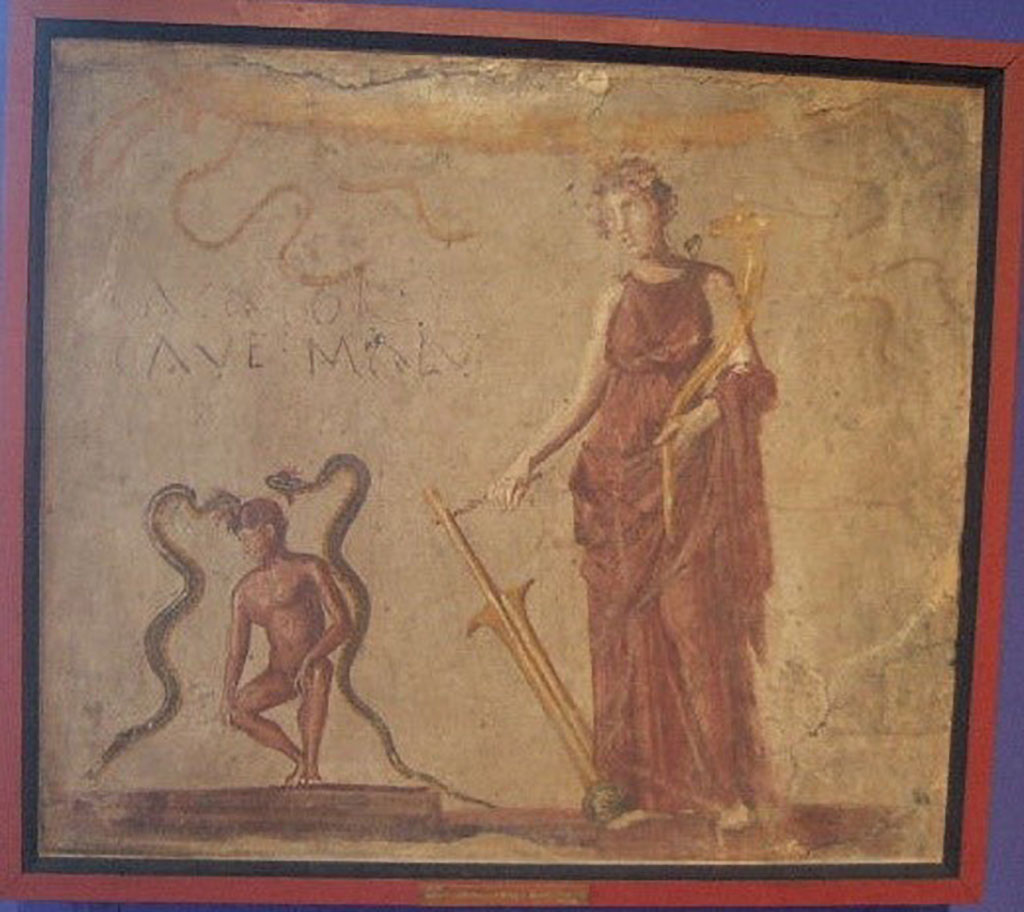 Lararium wall painting of Isis Fortuna found in corridor leading to latrine of IX.7.21/2.  
Now in Naples Archaeological Museum. Inventory number: 112285.
According to Boyce, to the left of Fortuna is a nude man, squatting in a position appropriate to the wording painted above his head -
CACATOR
CAVE MALV

According to Epigraphik-Datenbank Clauss/Slaby (See www.manfredclauss.de) this reads as

Cacator 
cave malu(m)      [CIL IV 3832].

A serpent rises on each side of him, as if he is replacing the usual altar with offerings.
Below the painting a terracotta monopodium stood against the wall, perhaps serving as an altar.
See Boyce G. K., 1937. Corpus of the Lararia of Pompeii. Rome: MAAR 14. (p.88, no.442 and Pl. 26, 2) 
See Fröhlich, T., 1991. Lararien und Fassadenbilder in den Vesuvstädten. Mainz: von Zabern. (L106, Picture 10, 1)
According to Hobson, a painting from a latrine shows the goddess Fortuna next to a man between 2 snakes, apparently advising the person entering the toilet to beware of the danger of the pollution of defecation: Cacator cave malu(m).
See Hobson, B., 2009. Latrinae et foricae: Toilets in the Roman World. London; Duckworth. (p.111)
