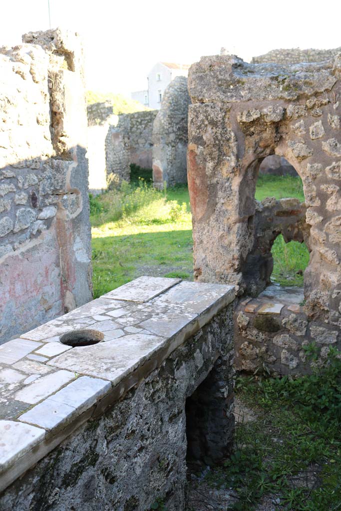 IX.7.24 Pompeii. December 2018. 
Looking south-east towards rear of counter, and south wall. Photo courtesy of Aude Durand.
