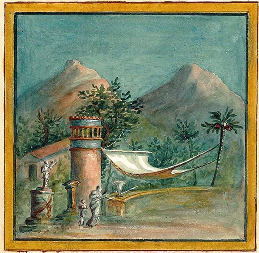 IX.8.2 Pompeii. Watercolour copy of sacred landscape from west wall.
It shows an altar with a statue of Hecate, a tower, a tree, an offering woman, a small child and a sun-shade attached to a palm-tree.
DAIR 83.369.  Photo © Deutsches Archäologisches Institut, Abteilung Rom, Arkiv.
See http://arachne.uni-koeln.de/item/marbilder/5022575
