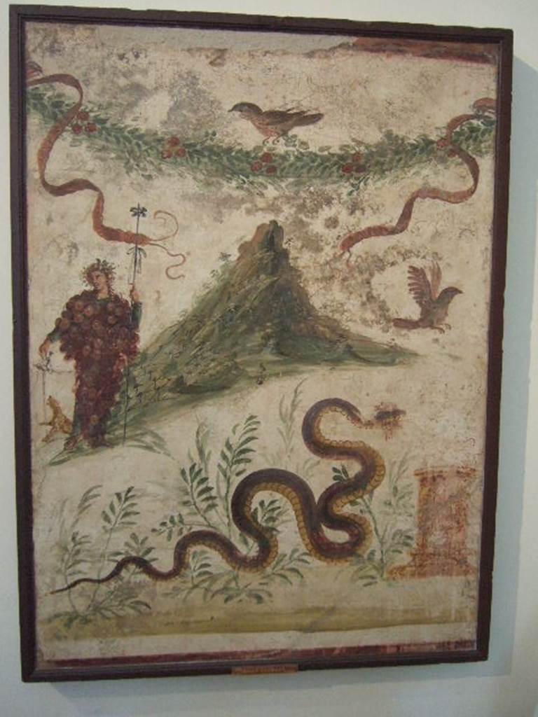 IX.8.3-6 Pompeii.  Found in Atrium of servants quarters (see IX.8.6 for exact position).  Lararium painting of Bacchus wearing a bunch of grapes.  Also in the painting are a garland, birds and a snake approaching a round altar from the left.   Bacchus is pouring wine for the panther to drink.   The mountain slopes are covered in vines. Now in Naples Archaeological Museum.  Inventory number: 112286. See Fröhlich, T., 1991. Lararien und Fassadenbilder in den Vesuvstädten. Mainz: von Zabern. (L107, T: 11). See Boyce G. K., 1937. Corpus of the Lararia of Pompeii. Rome: MAAR 14. (p.89, no.448, with Pl.40,2) 
