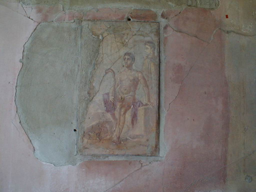 IX.8.6 Pompeii. September 2004. Room 38, triclinium. North wall with wall painting of Theseus and the Minotaur.