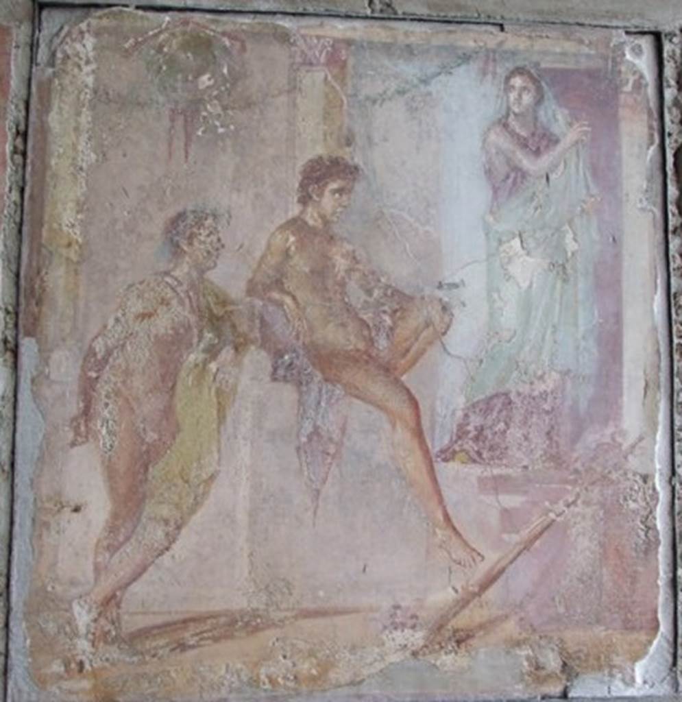 IX.8.6 Pompeii. December 2007. Room 38, triclinium, south wall. Wall painting of Iphigenia in Tauris. Iphigenia is on the right, Pylades on the left, and Orestes sitting in the middle.
See Bragantini, de Vos, Badoni, 1986. Pitture e Pavimenti di Pompei, Parte 3. Rome: ICCD. (p. 531). See Sogliano, A., 1879. Le pitture murali campane scoverte negli anni 1867-79. Napoli: Giannini. (No. 585).