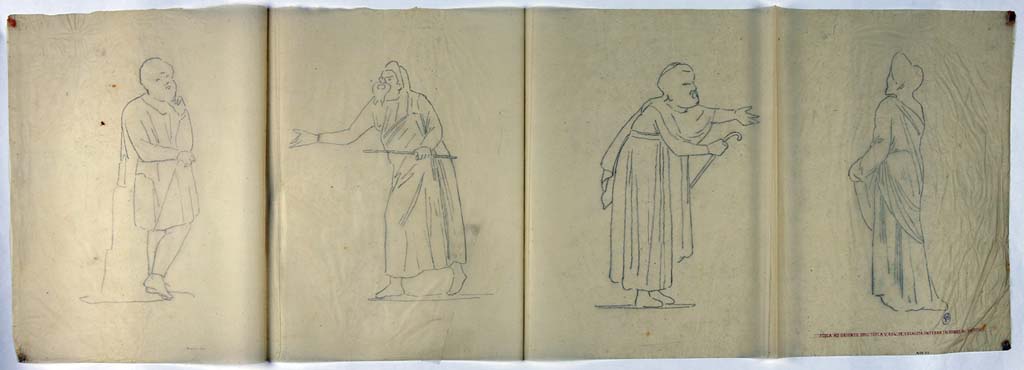 IX.8.6 Pompeii. Drawing by Geremia Discanno, showing four of the painted figures of comic actors, seen on the frieze of the walls.
He drew eight of the theatrical figures, both comic and tragic actors.
Now in Naples Archaeological Museum. Inventory numbers ADS 1111D, 1111C, 1111B, and 1111A.
Photo © ICCD. http://www.catalogo.beniculturali.it
Utilizzabili alle condizioni della licenza Attribuzione - Non commerciale - Condividi allo stesso modo 2.5 Italia (CC BY-NC-SA 2.5 IT)
