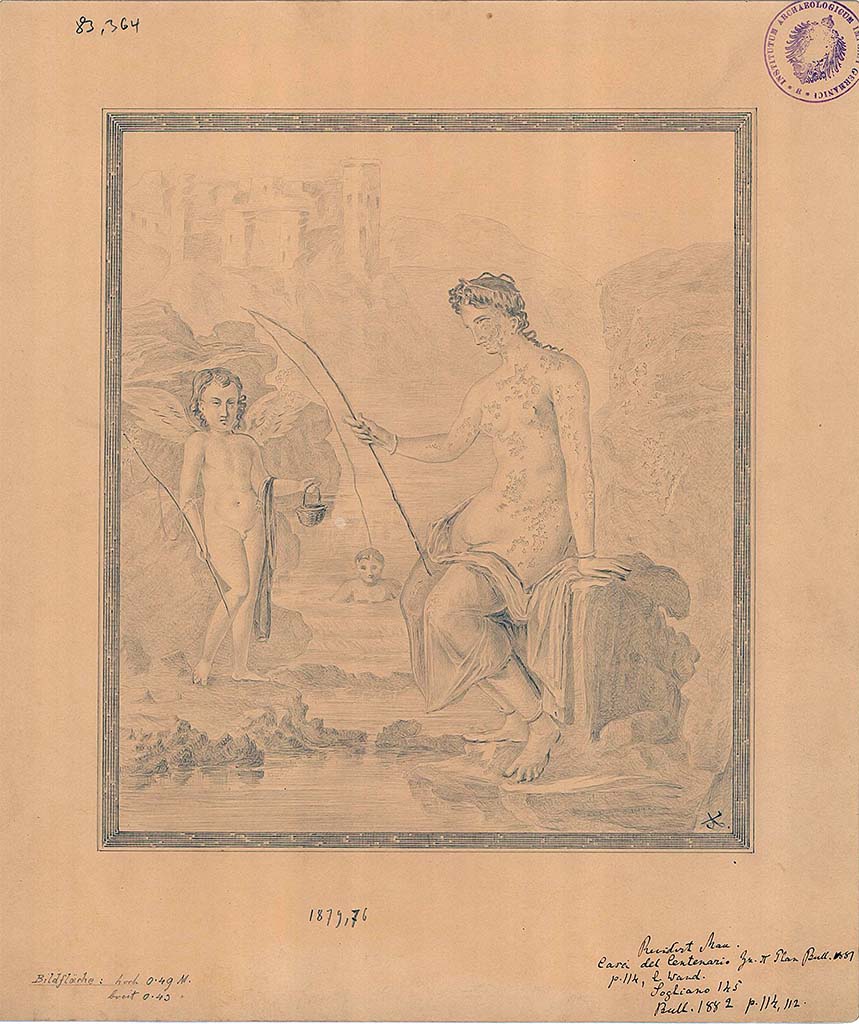 IX.8.6 Pompeii. 1879. Room 39, drawing by A. Sikkard of wall painting of Venus fishing.
DAIR 83.364. Photo © Deutsches Archäologisches Institut, Abteilung Rom, Arkiv.
