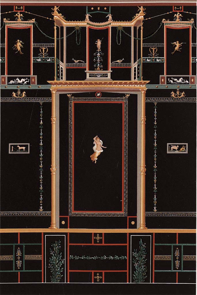 IX.8.6 Pompeii. Room 11, painting by Niccolini showing detail from north wall.
See Niccolini F, 1896. Le case ed i monumenti di Pompei: Volume Quarto. Napoli, Supplemento, Tav. XXIX.
