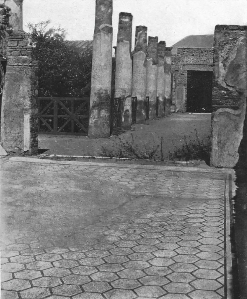IX.8.6 Pompeii. c.1930. 
Room 12, looking north across flooring composed of hexagons outlined in black, towards east portico.
See Blake, M., (1930). The pavements of the Roman Buildings of the Republic and Early Empire. Rome, MAAR, 8, (p.98, 109, & Pl.26, tav. 4).
