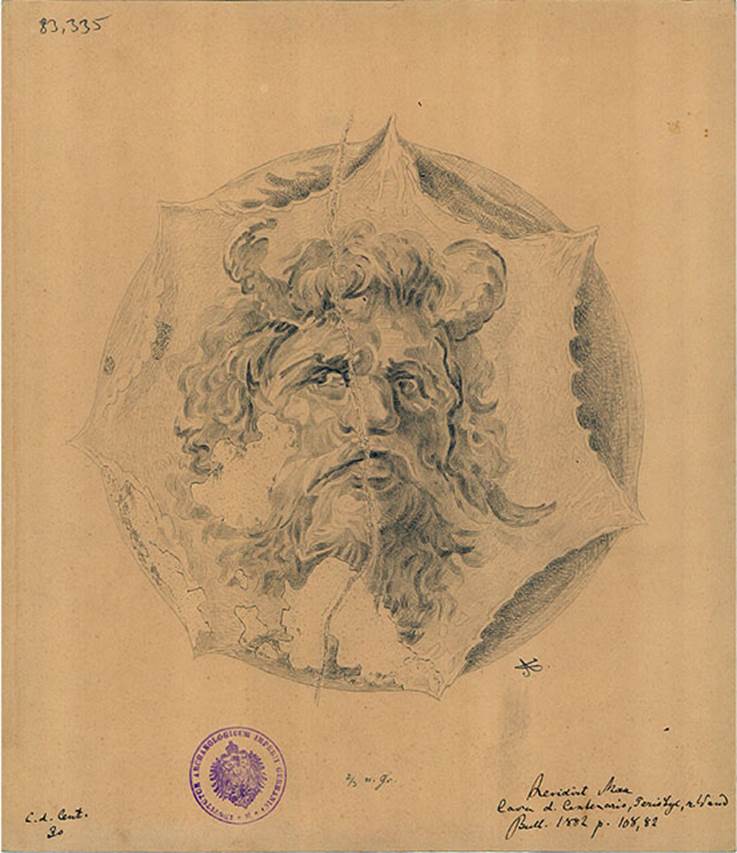 IX.8.6 Pompeii. Drawing of head of Oceanus, the wind of water deities, nymphs, rivers fountains and lakes, from peristyle.
See BdI, 1882, p. 108, no.82.
DAIR 83.335. Photo © Deutsches Archäologisches Institut, Abteilung Rom, Arkiv.
See http://arachne.uni-koeln.de/item/marbilderbestand/236079
